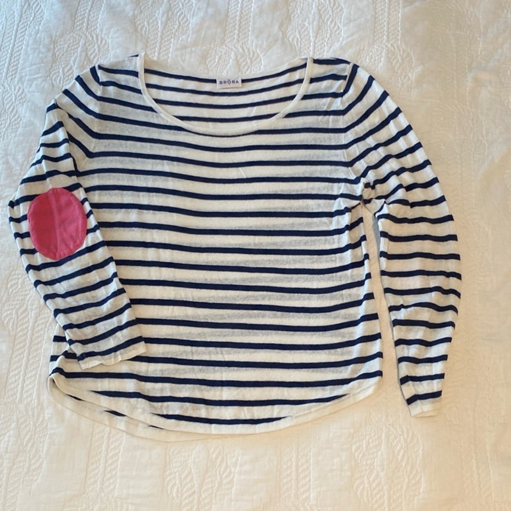 Brora Blue and White Striped Long Sleeve Tee with Relaxed Fit